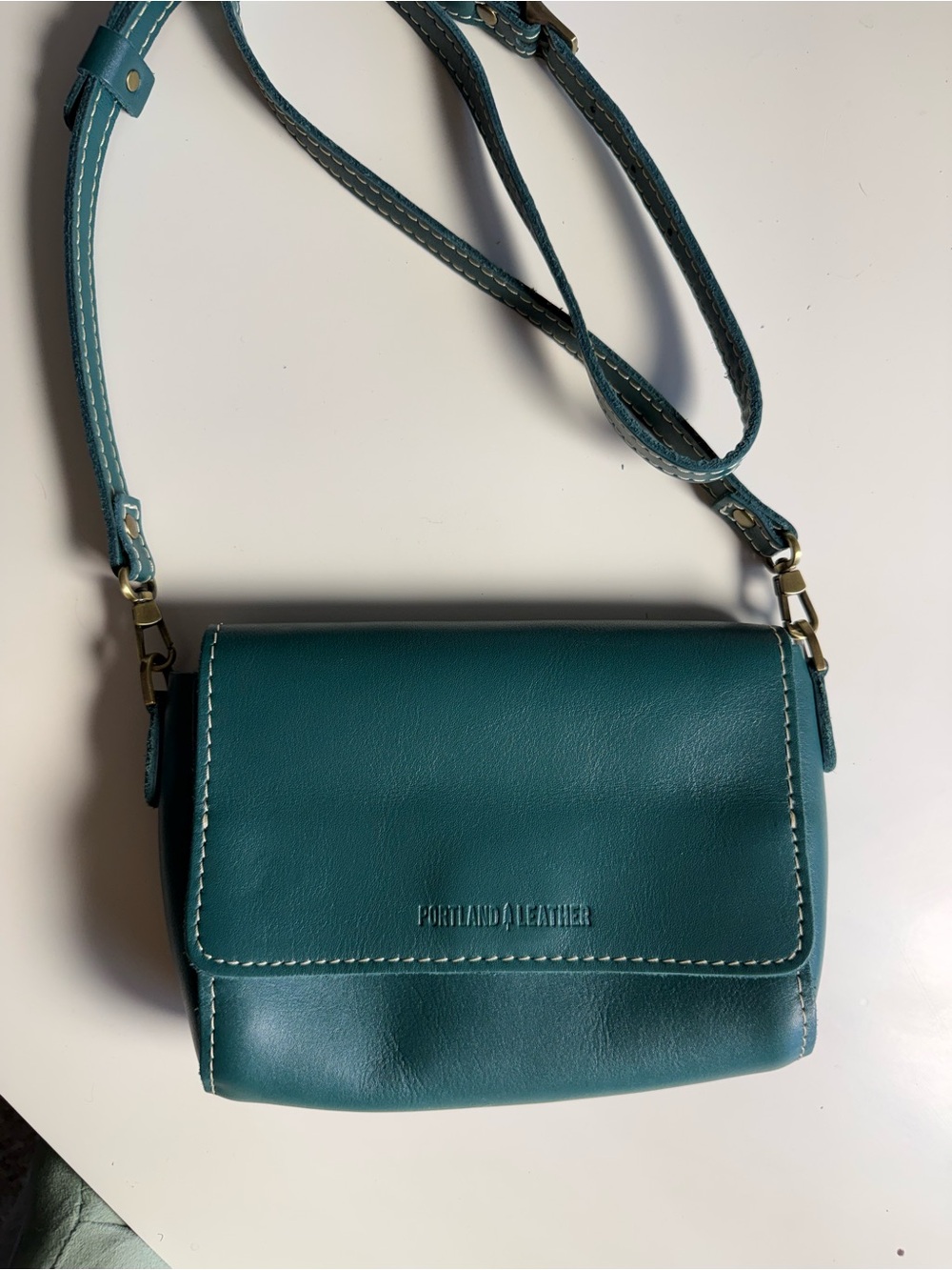 Portland Leather Goods Teal Smooth Leather Flap Crossbody Bag Brass Hardware